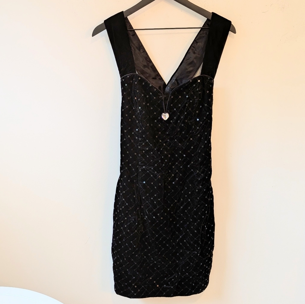 VTG Jessica McClintock Gunne Sax Black Velvet Quilted Sequin Heart Gem Dress